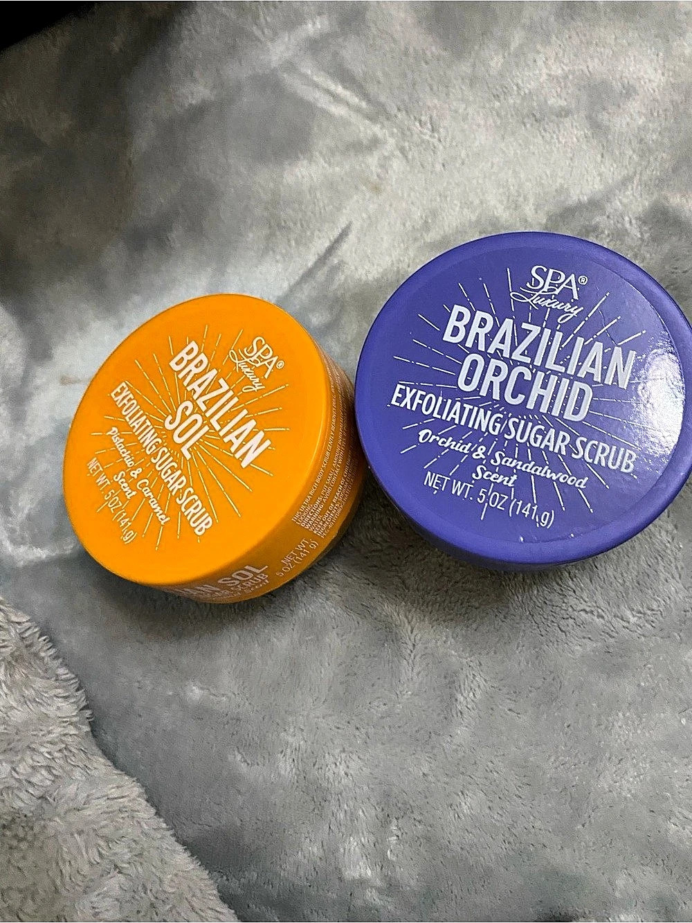 SPA Luxury Brazilian Sol & Brazilian Orchid Sugar Scrub Duo Orange & Purple NWT - Picture 5 of 5